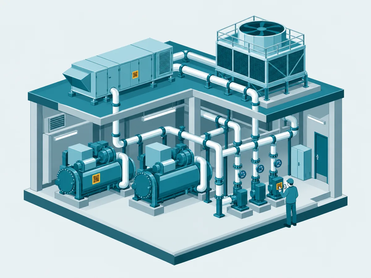 Illustration of a plant room with chillers, pumps and a cooling tower, each tagged with a QR code