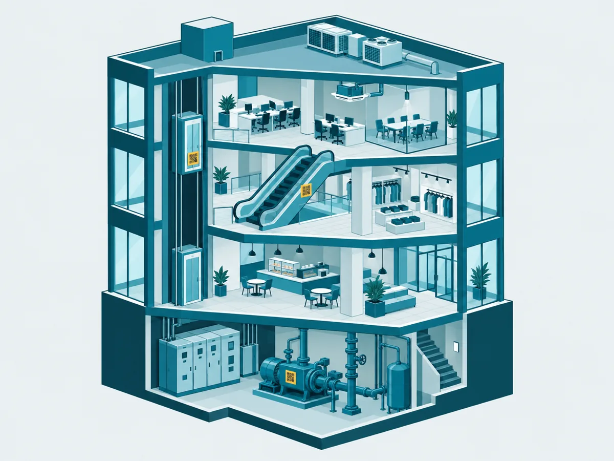 Illustration of a building cut-away with a tagged lift, escalator and fire pump
