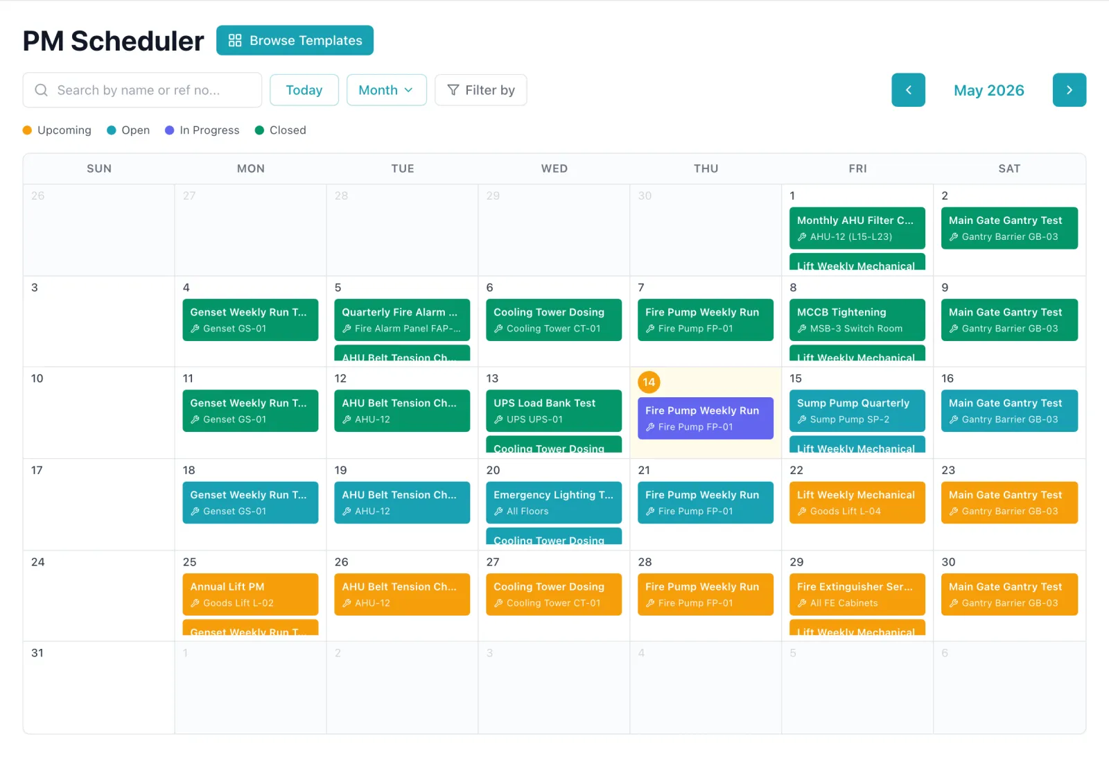 Cerev's PM scheduler: a month calendar of planned maintenance across the building's equipment