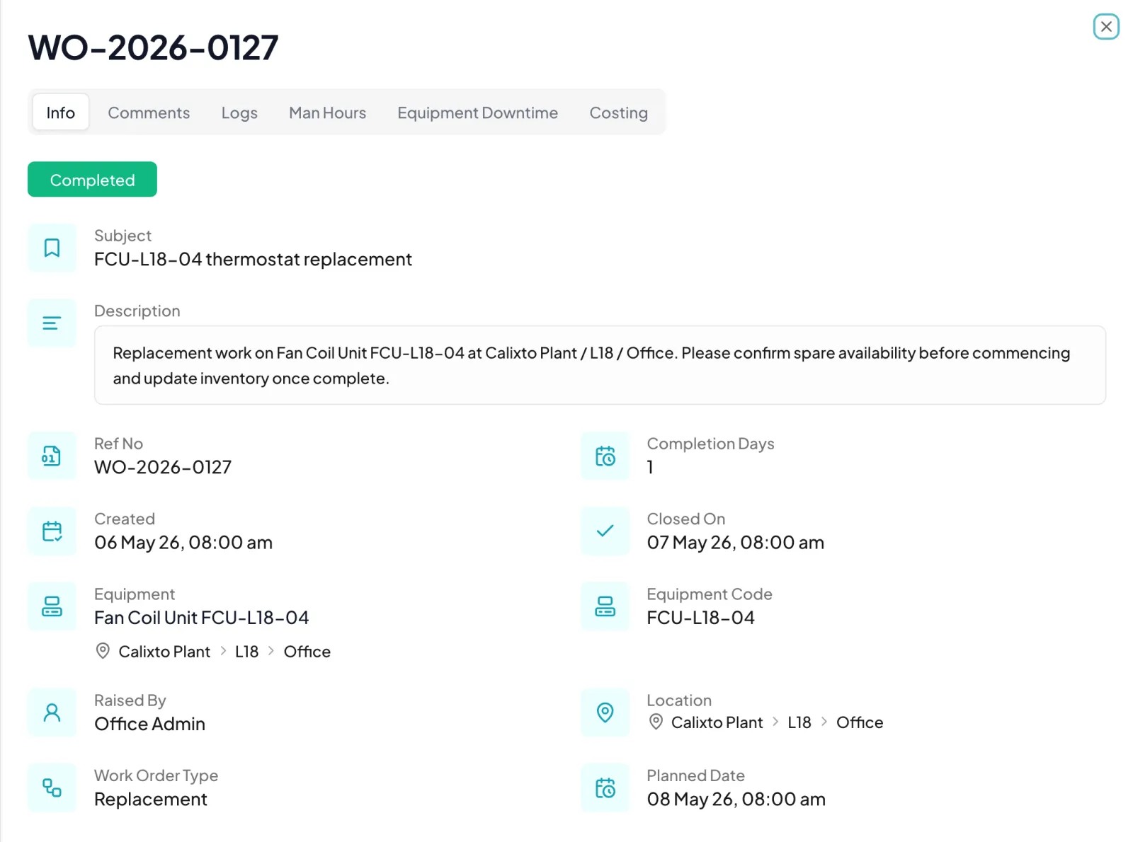 The work order in Cerev for fan coil unit FCU-L18-04 on level 18, with its equipment, location, who raised it and its status