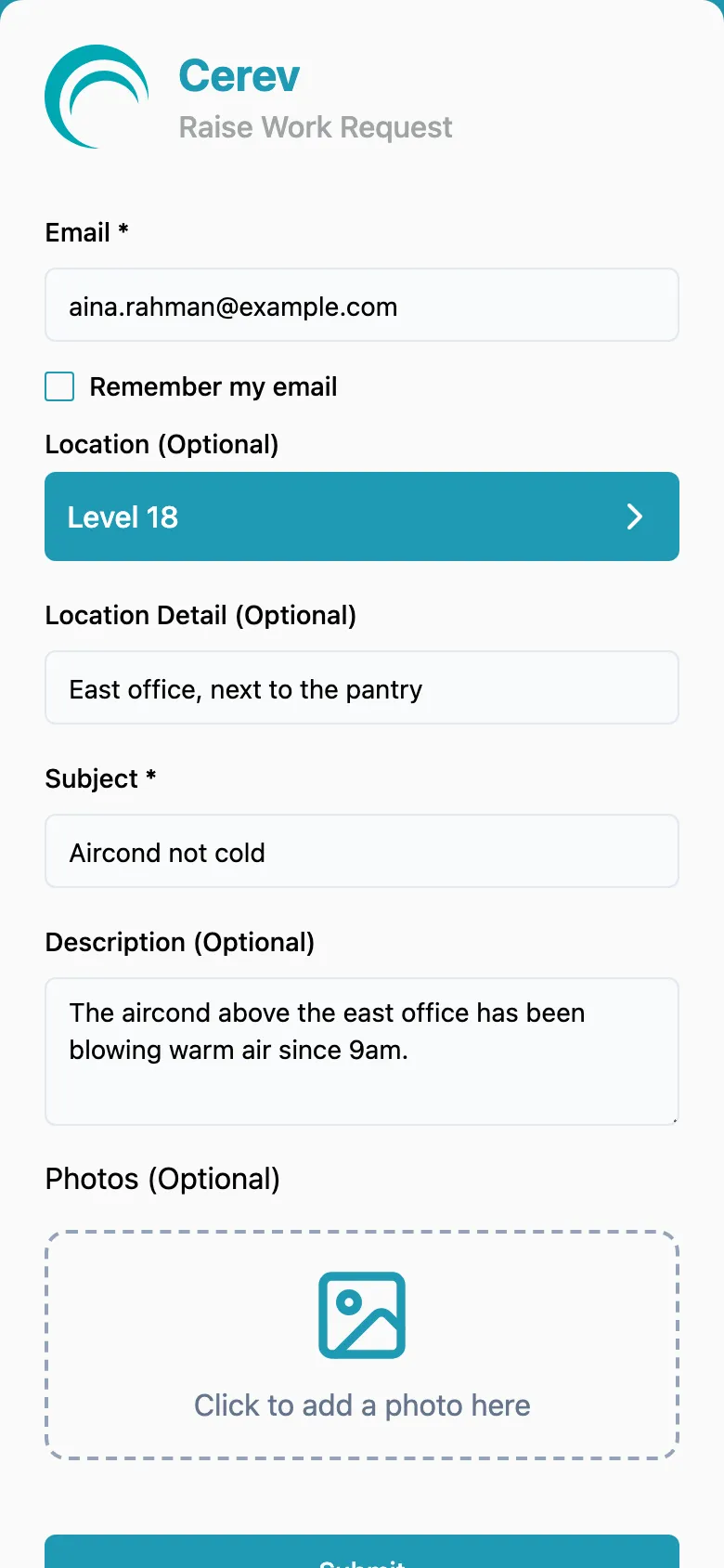 Cerev's public Raise Work Request form on a phone, filled in: Level 18, east office, Aircond not cold, with a space for photos