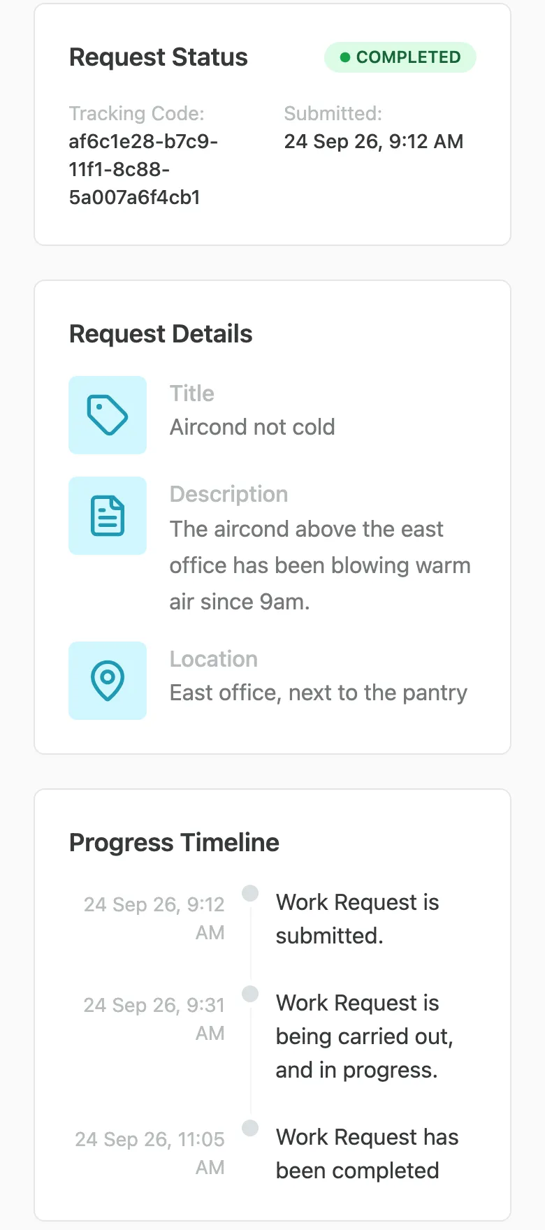 The tenant's tracking page for Aircond not cold: status Completed, the request details and a progress timeline from submitted to completed