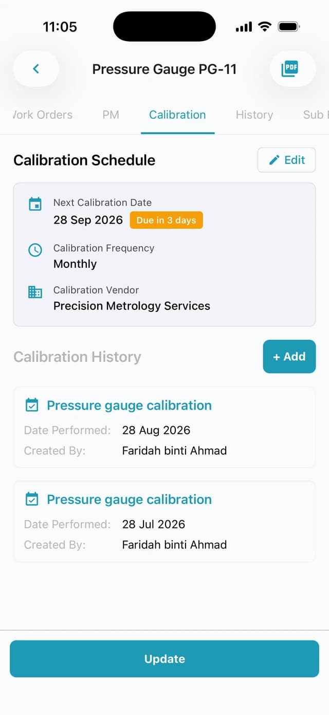 A pressure gauge's calibration schedule in the Cerev app: next calibration date, frequency, calibration vendor and past calibrations