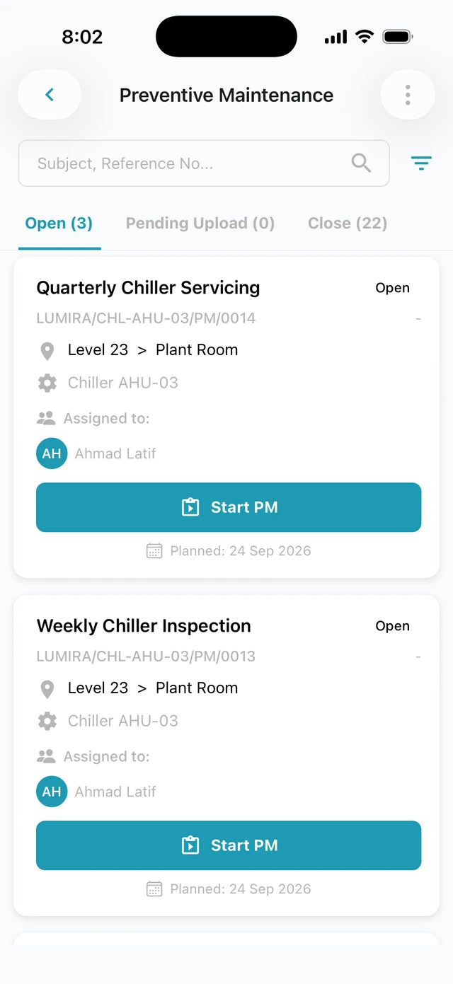 The Cerev app's Preventive Maintenance list, Open tab, with the quarterly chiller service and a Start PM button