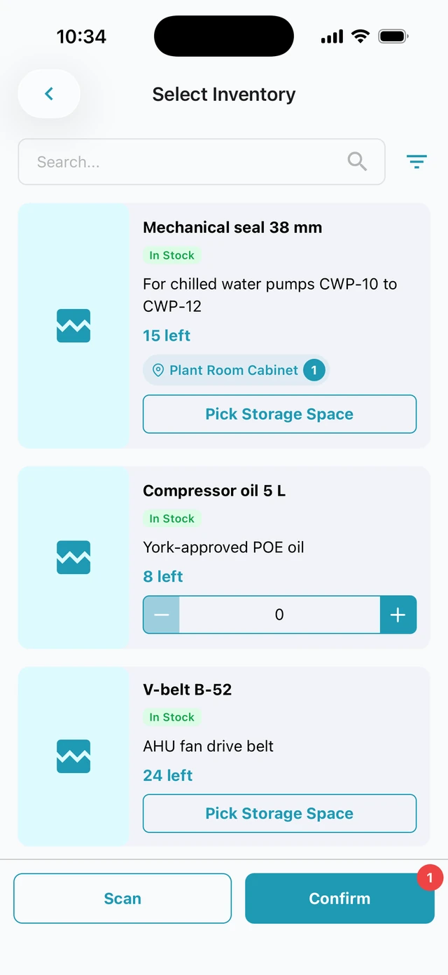 Picking spare parts for a job in the Cerev app, with the stock left and the store each part is taken from