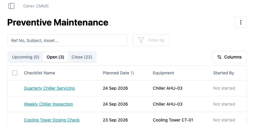 Cerev's PM list on the web, Open tab, with the quarterly chiller service planned and not yet started