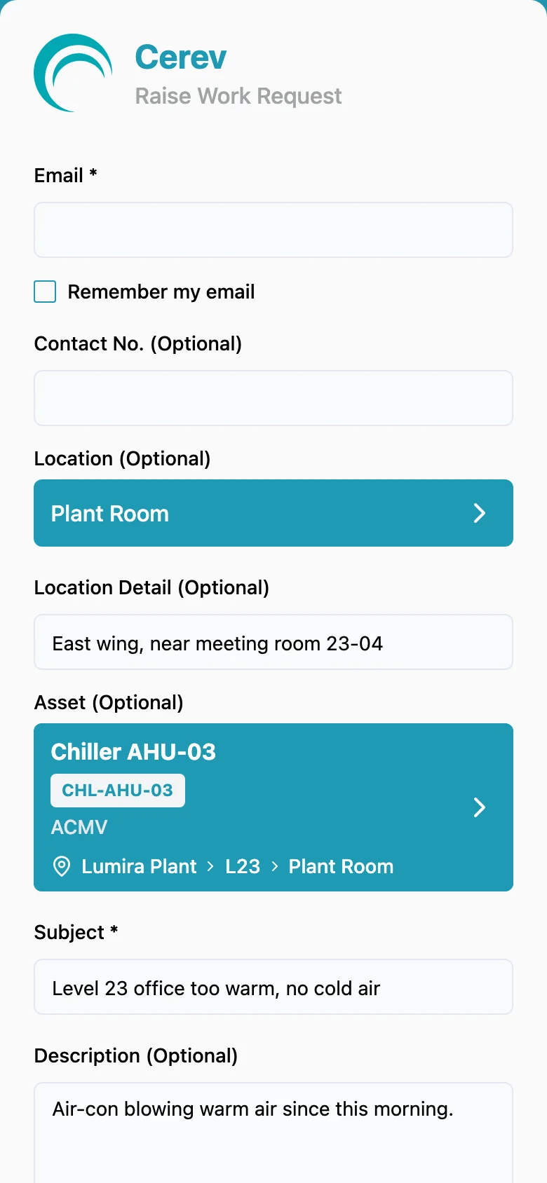 Cerev's Raise Work Request form after scanning the tag, with Chiller AHU-03 already filled in