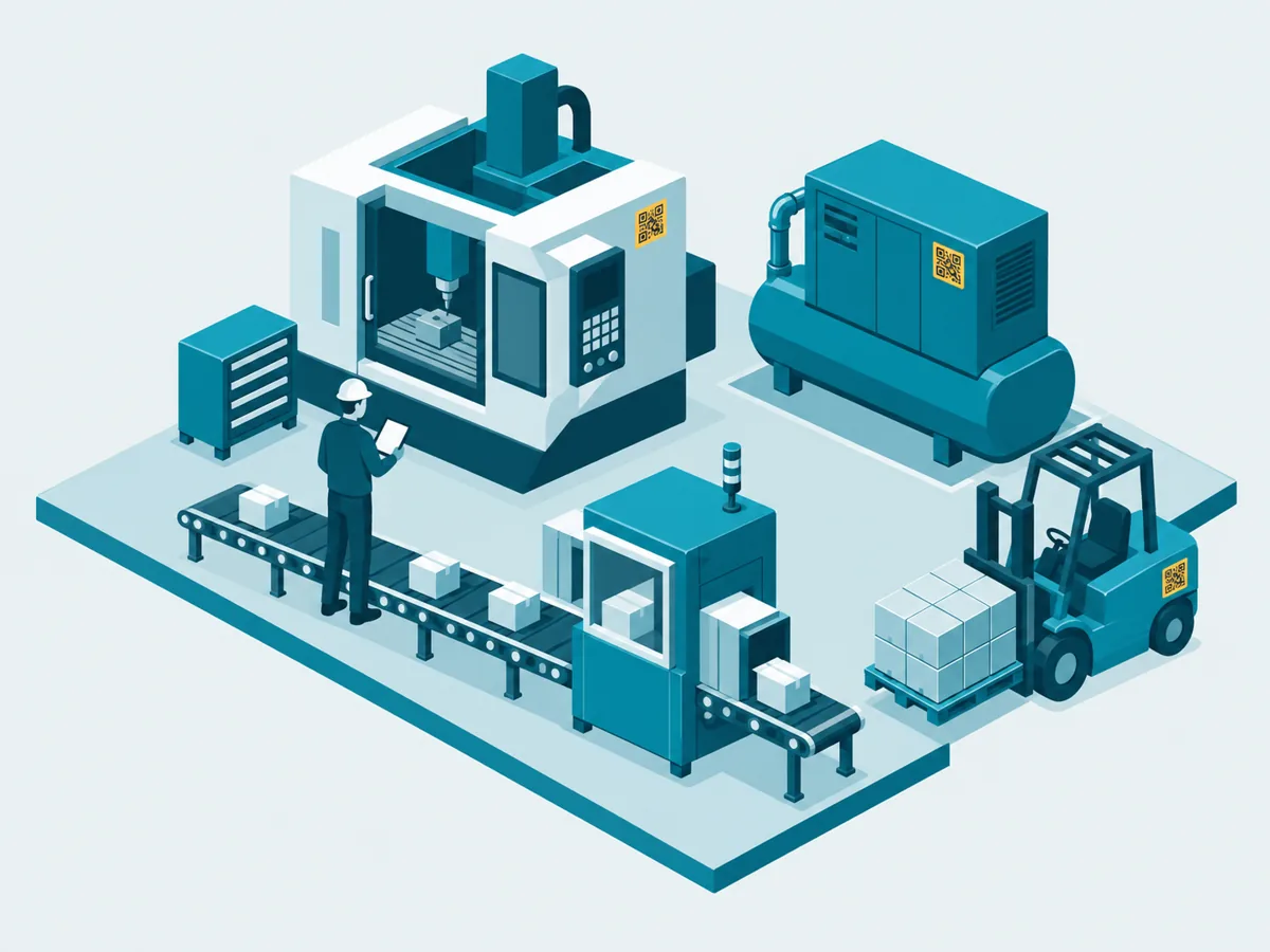 Illustration of a factory floor with a tagged CNC machine, air compressor and forklift