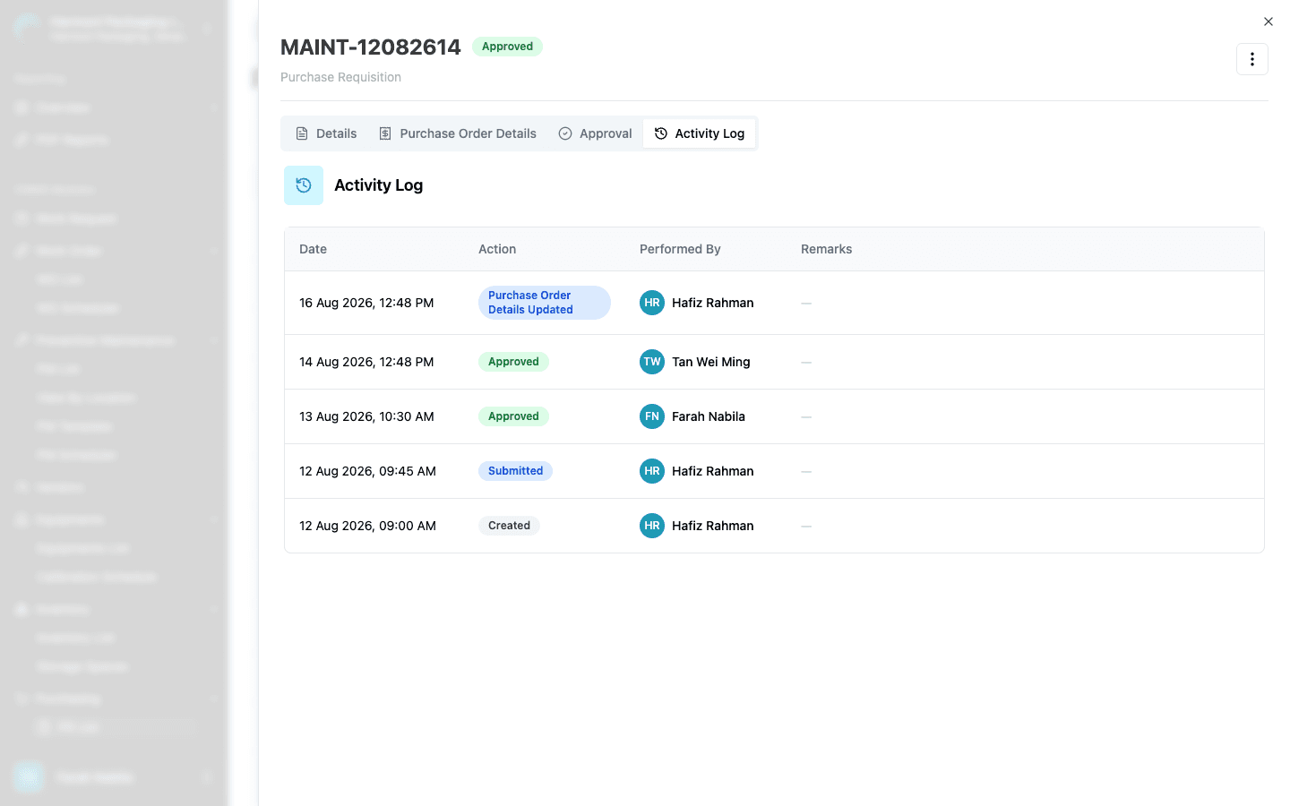 Activity log of a purchase requisition showing created, submitted, two approvals and a purchase order details update, each with a date and the person who did it